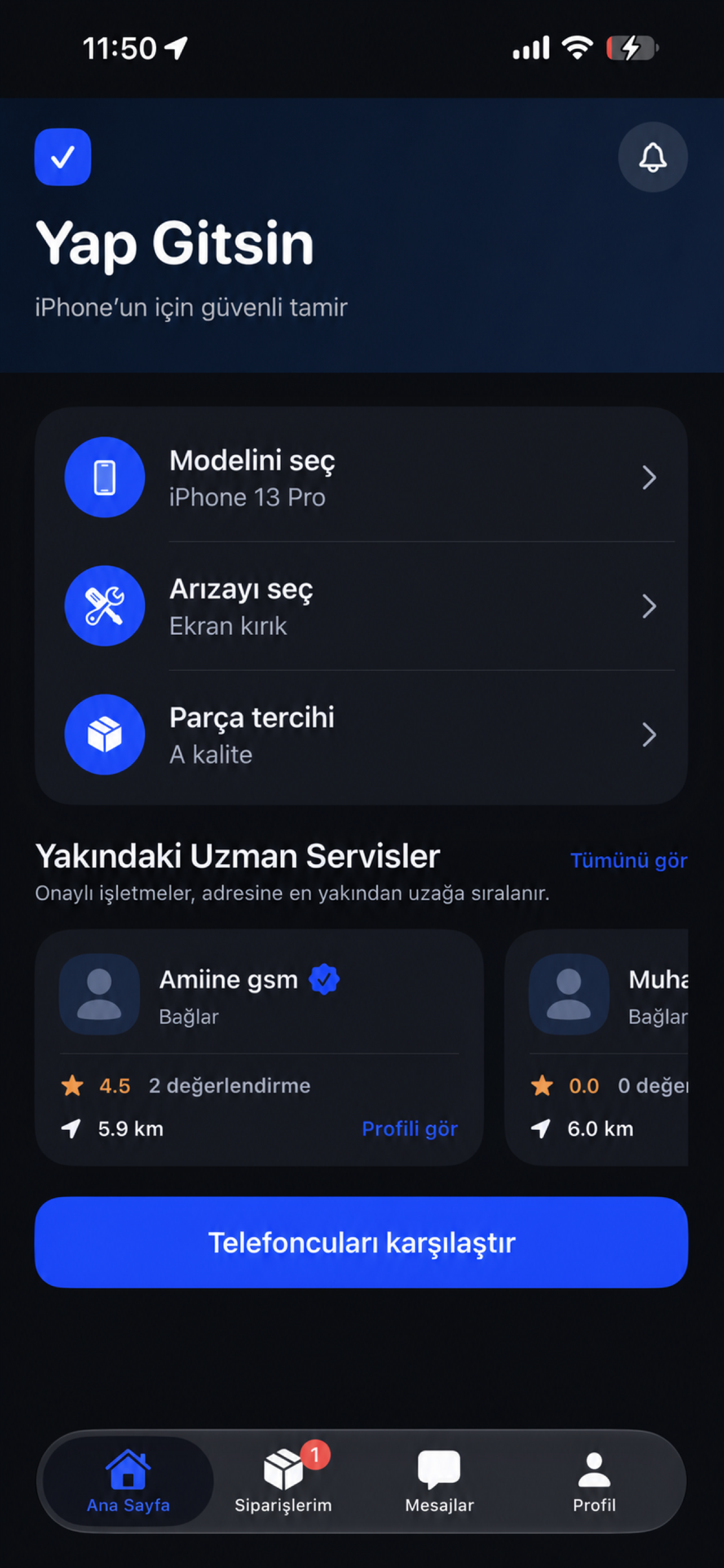 YapGitsin uygulamasında model, arıza ve parça seçimi ekranı